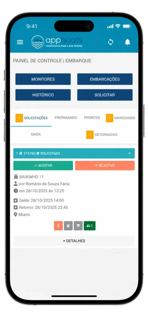 Painel de Controle do AppBoats no celular: solicitação de embarque com as ações Aceitar e Rejeitar